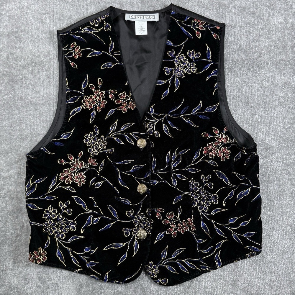 Vintage Dressbarn Vest Women's Large Velour Floral Metal Buttons Tie Back